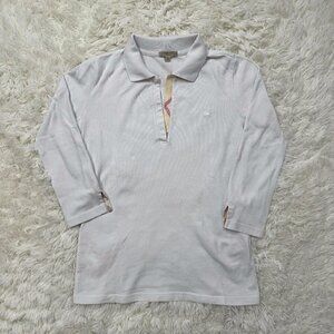Burberry London Women's Polo Shirt - White Long Sleeve with Check Trim, Size S